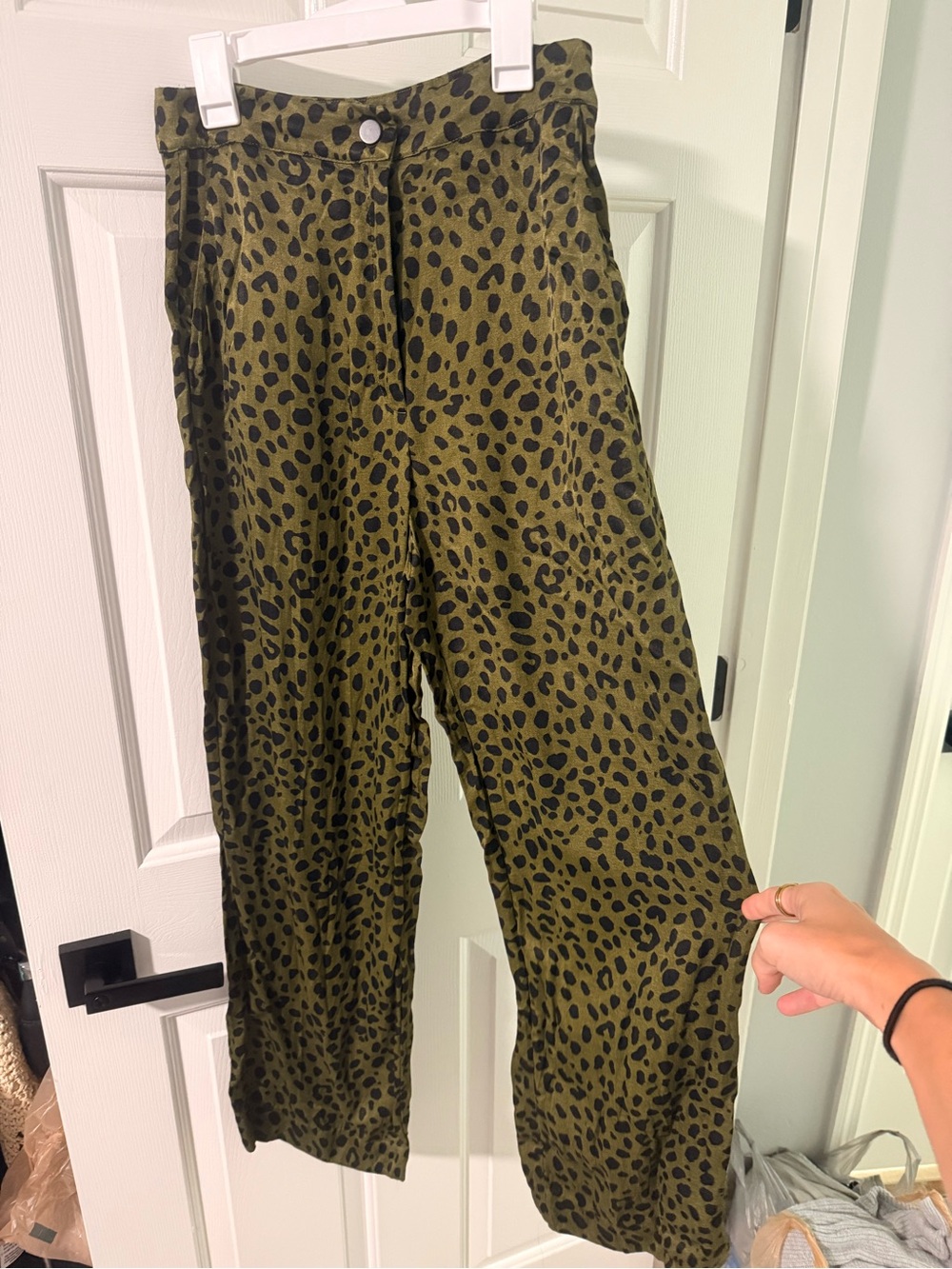 Zara Olive Green Leopard-Print Wide Leg Pants
